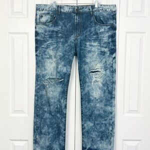 Denim House Bleached Acid Wash Blue Denim Distressed Straight Jeans 42x32
